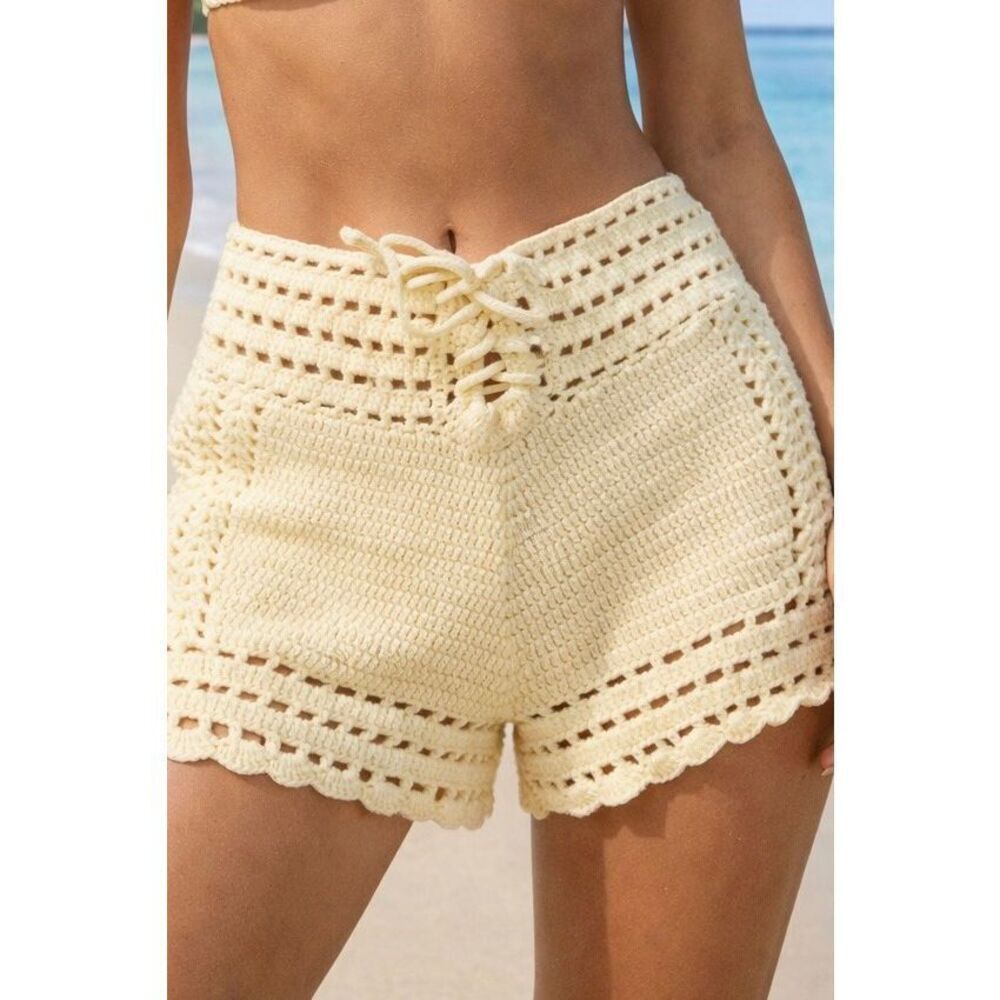 Handmade Crochet Shorts Waist 28 Drawstring Boho Beach Swim Cover Up Chic Yellow